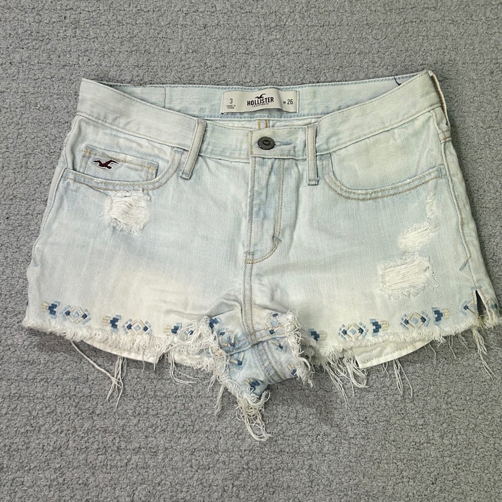Hollister Denim Shorts Micro Mini 3 Light Blue Y2K Low Rise Distressed Boho
